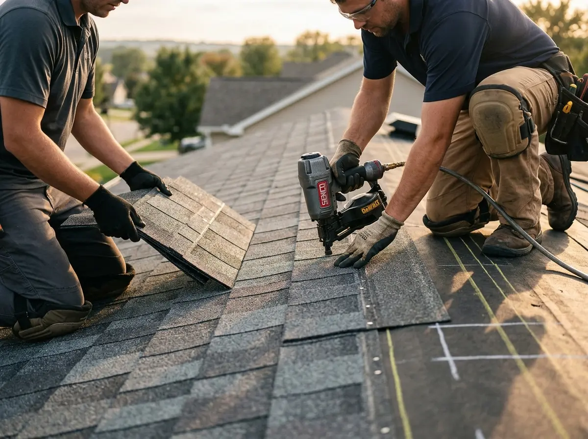 Professional roofer working on a residential roof in Olney